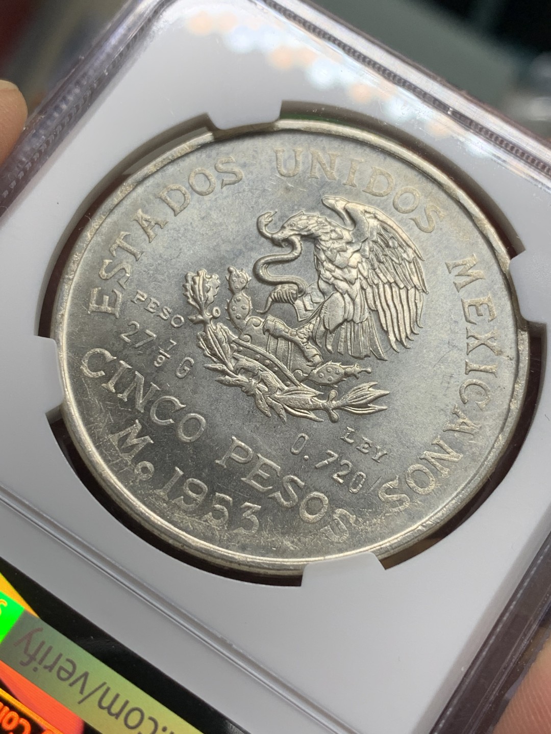 《竞宝斋》第115场-周日，周一 ，2场连拍（全场包邮） NGC-MS64 墨西哥1953年 5比索大银币 银霜能见 顶级好品
