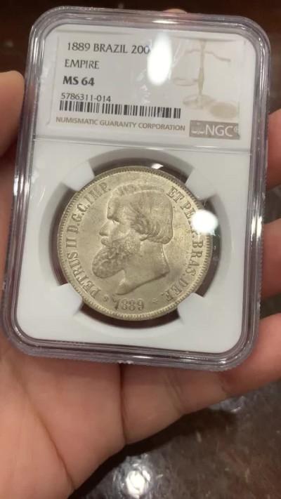 《竞宝斋》第115场-周日，周一 ，2场连拍（全场包邮） NGC-MS64 巴西1889年 佩德罗二世 2000R大银币 粉光 顶级状态