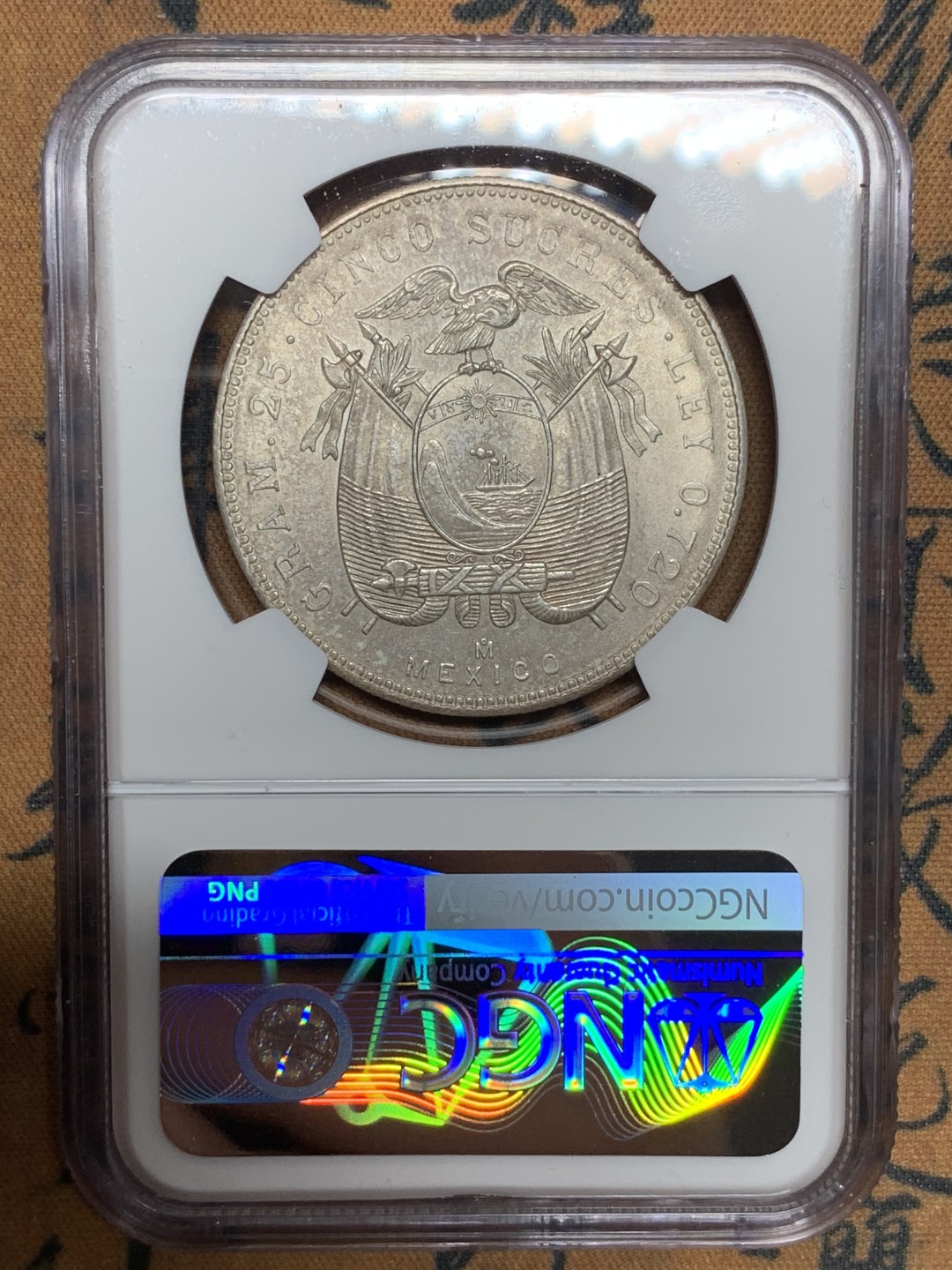 《竞宝斋》第115场-周日，周一 ，2场连拍（全场包邮） NGC-MS61 厄瓜多尔1944年 5苏克雷大银币 南美系暴涨品种