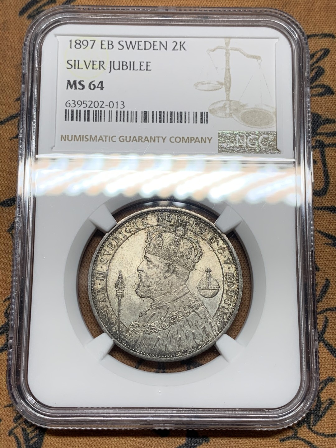 《竞宝斋》第115场-周日，周一 ，2场连拍（全场包邮） NGC-MS64 瑞典1897年 加冕纪念 2克朗银币 一流的包浆 非常难得