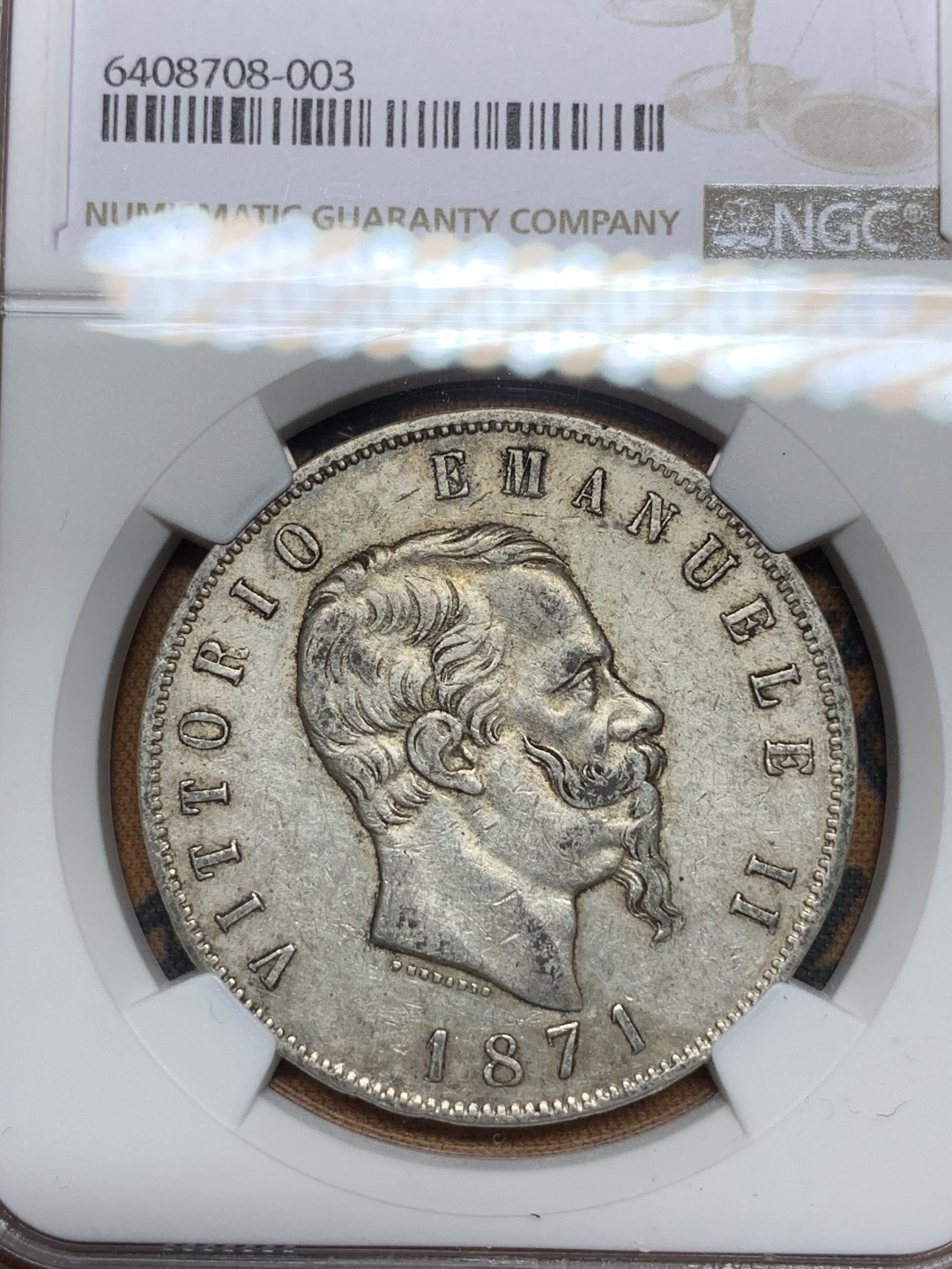 《竞宝斋》第115场-周日，周一 ，2场连拍（全场包邮） NGC-AU50 意大利1871年 艾曼纽尔二世 5里拉大银币 原味好品