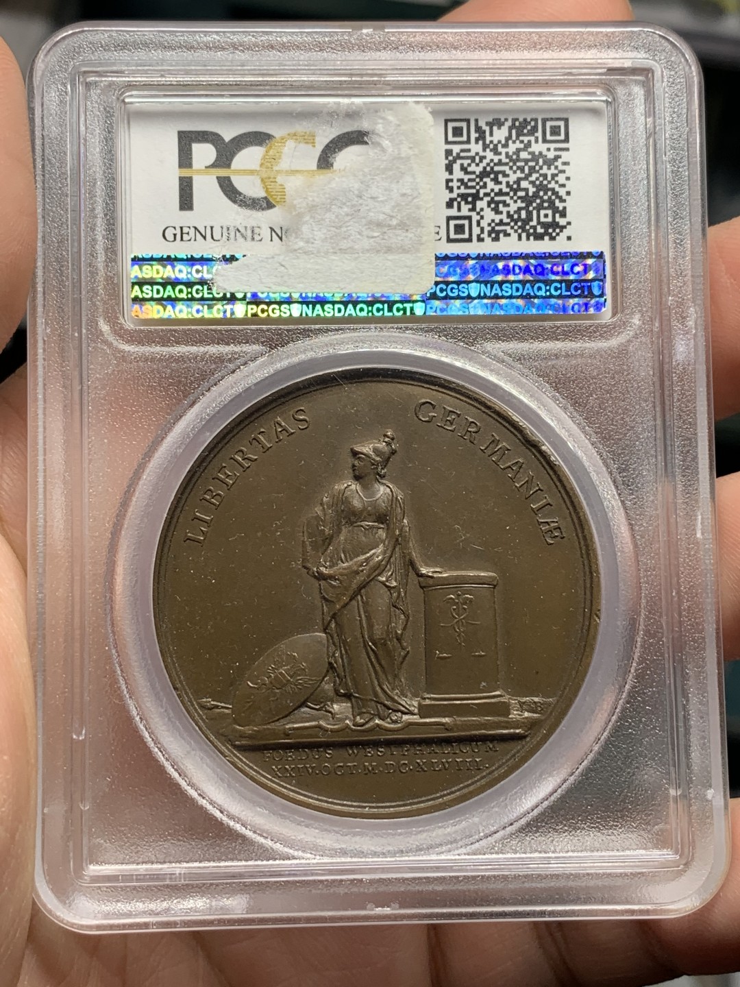 《竞宝斋》第115场-周日，周一 ，2场连拍（全场包邮） PCGS UNC 法国 1648年 路易十四 小孩头 法国战胜巴伐利亚 纪念铜章 加厚盒装 细节精制 难得