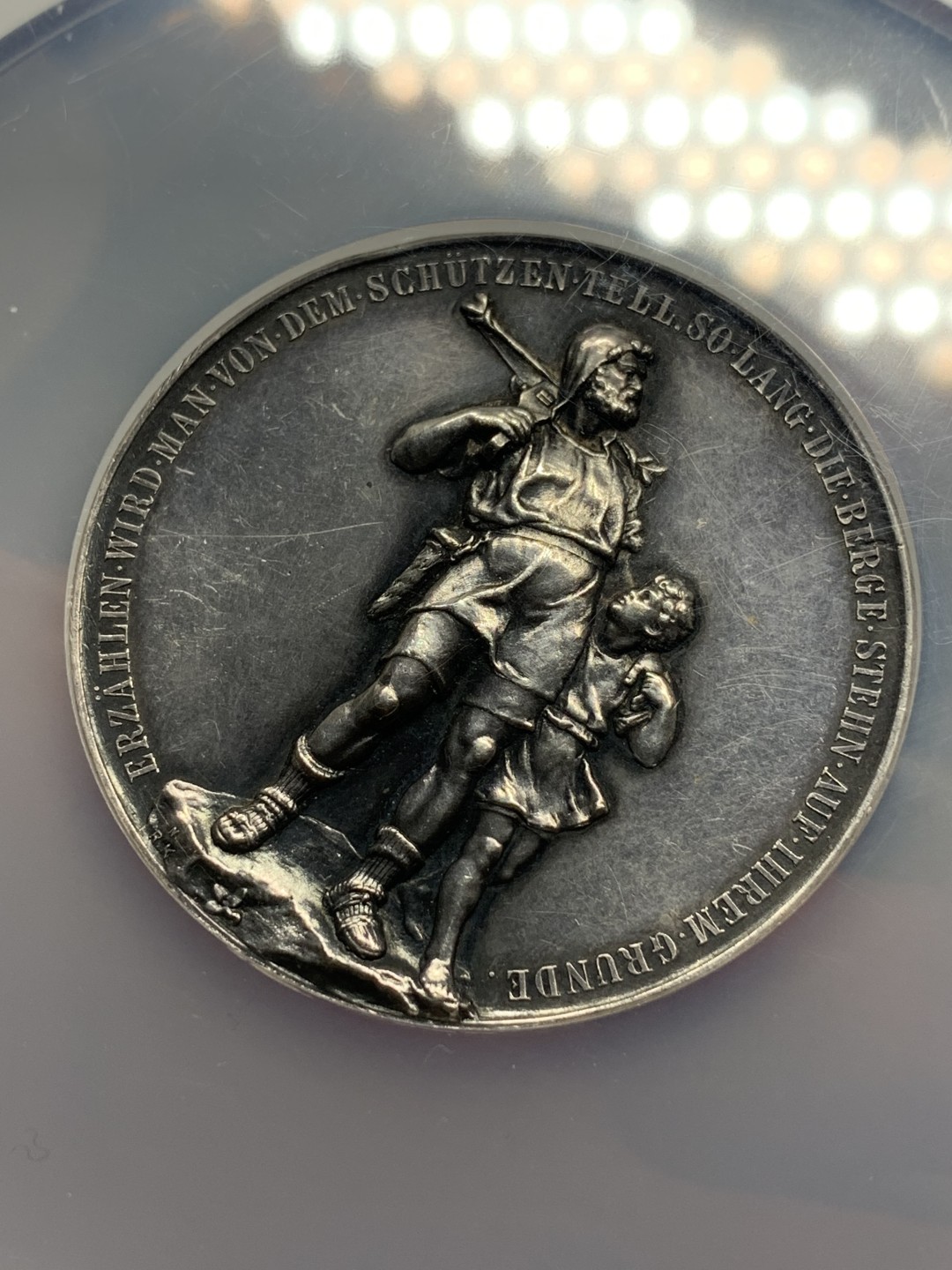 《竞宝斋》第115场-周日，周一 ，2场连拍（全场包邮） NGC UNC 1895年瑞士乌里州射击节大银章，50MM，厚重高浮雕，NGC大盒子,少见品种