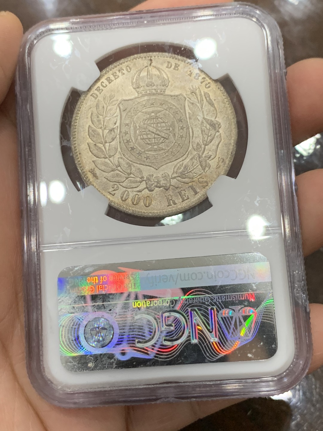 《竞宝斋》第115场-周日，周一 ，2场连拍（全场包邮） NGC-MS64 巴西1889年 佩德罗二世 2000R大银币 粉光 顶级状态