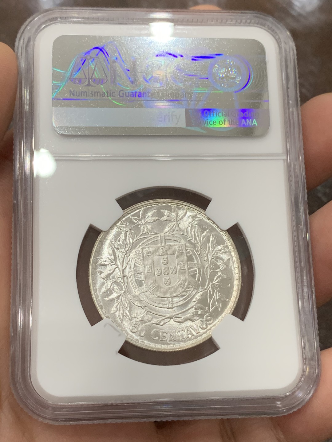 《竞宝斋》第115场-周日，周一 ，2场连拍（全场包邮） NGC-MS63 葡萄牙1916年 自由女神头像 50分银币 原光好品