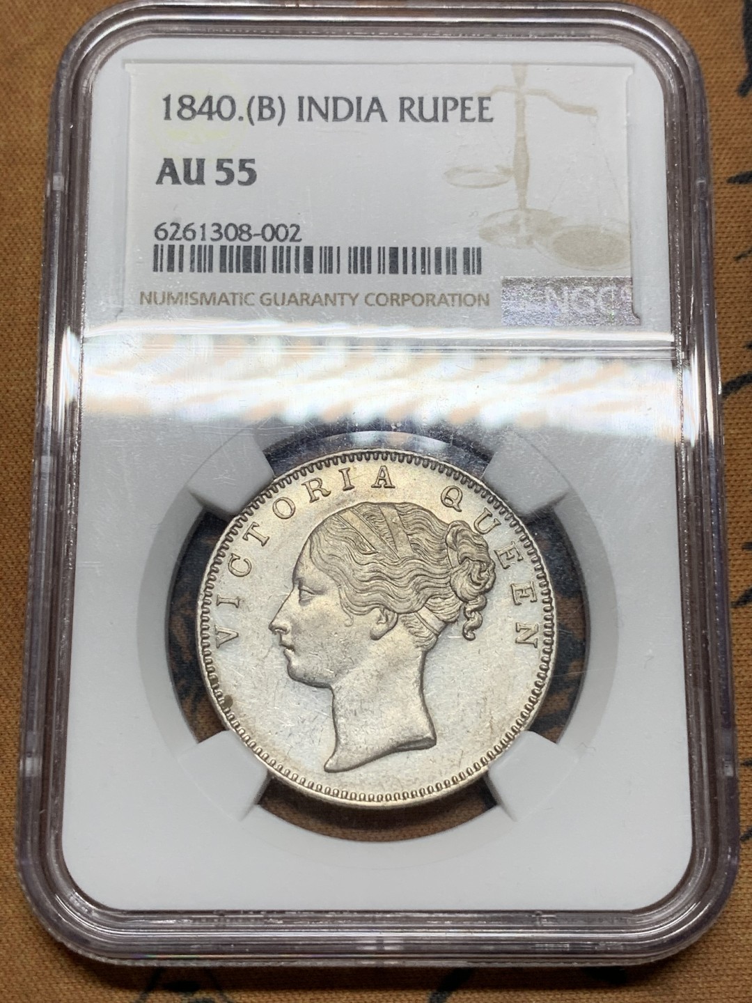 《竞宝斋》第116场-周日，周一 ，2场连拍（全场包邮） NGC AU55 好品 1840年 英属印度维多利亚 卢比 单辫版 好品光度好