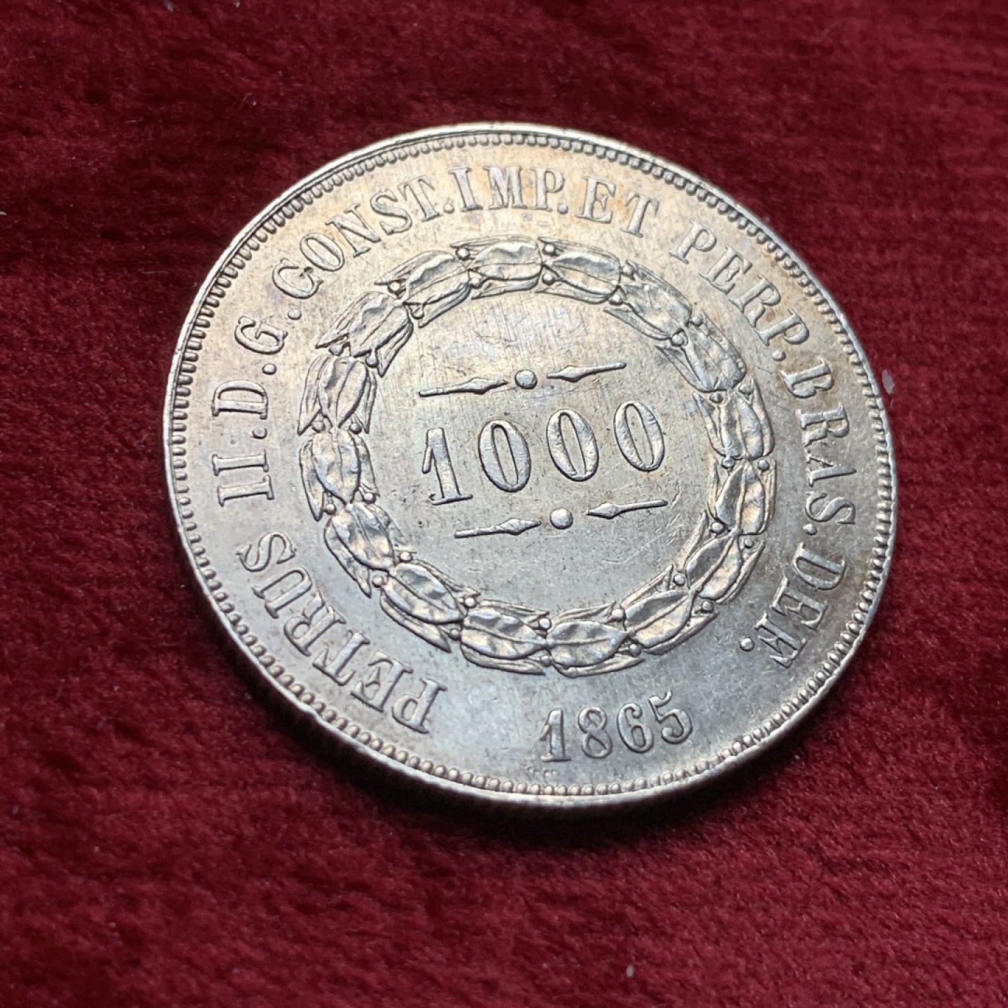 《竞宝斋》第116场-周日，周一 ，2场连拍（全场包邮） 巴西 1865年 1000瑞斯银币 12.76g好品状态