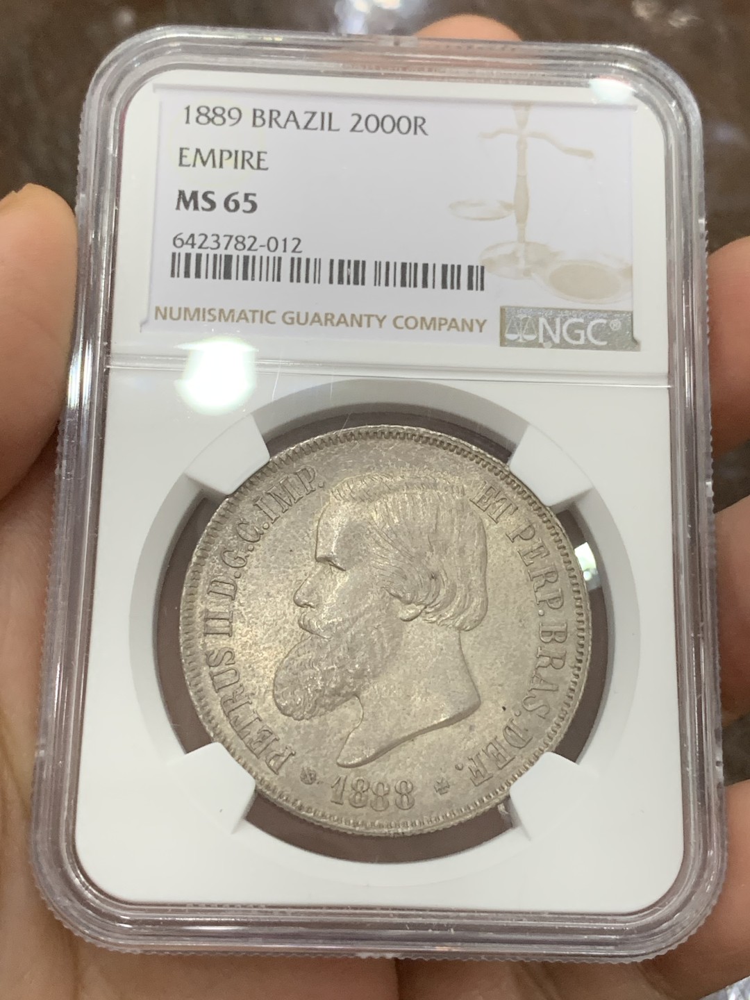 《竞宝斋》第116场-周日，周一 ，2场连拍（全场包邮） 亚军分 NGC-MS65 巴西1889年 佩德罗二世 2000R大银币 顶级好品