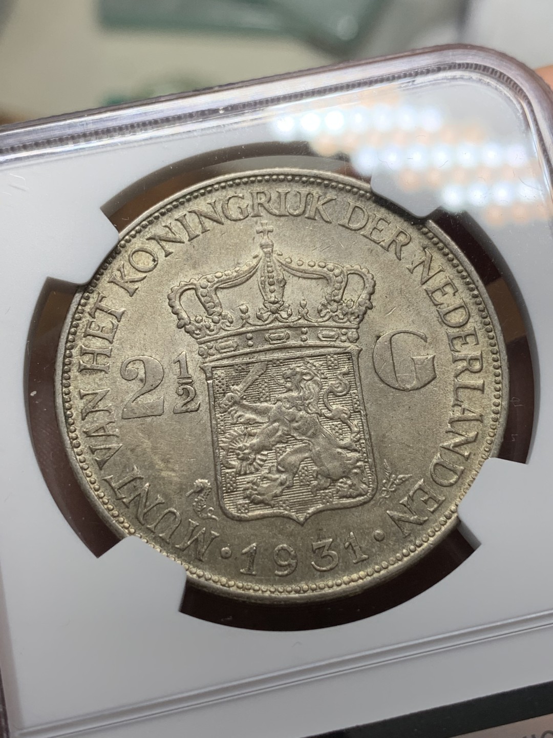 《竞宝斋》第116场-周日，周一 ，2场连拍（全场包邮） NGC-AU58 荷兰1931年 威廉米娜女王2.5盾大银币 原光好品