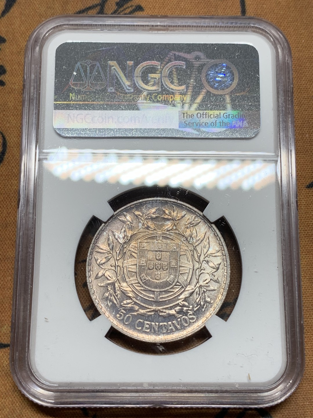 《竞宝斋》第116场-周日，周一 ，2场连拍（全场包邮） NGC-MS63 葡萄牙1916年 自由女神半圆银币 顶级车轮转光