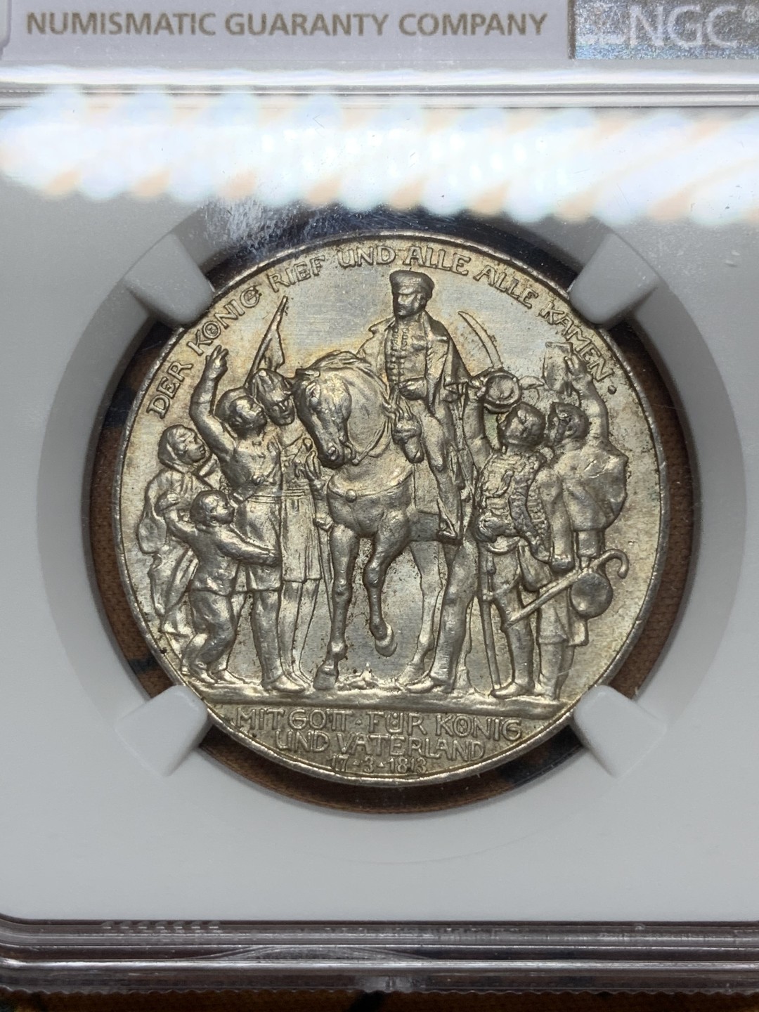 《竞宝斋》第116场-周日，周一 ，2场连拍（全场包邮） NGC-MS63 德国 1913年 3马克 普鲁士战胜拿破仑纪念A版  好光好状态