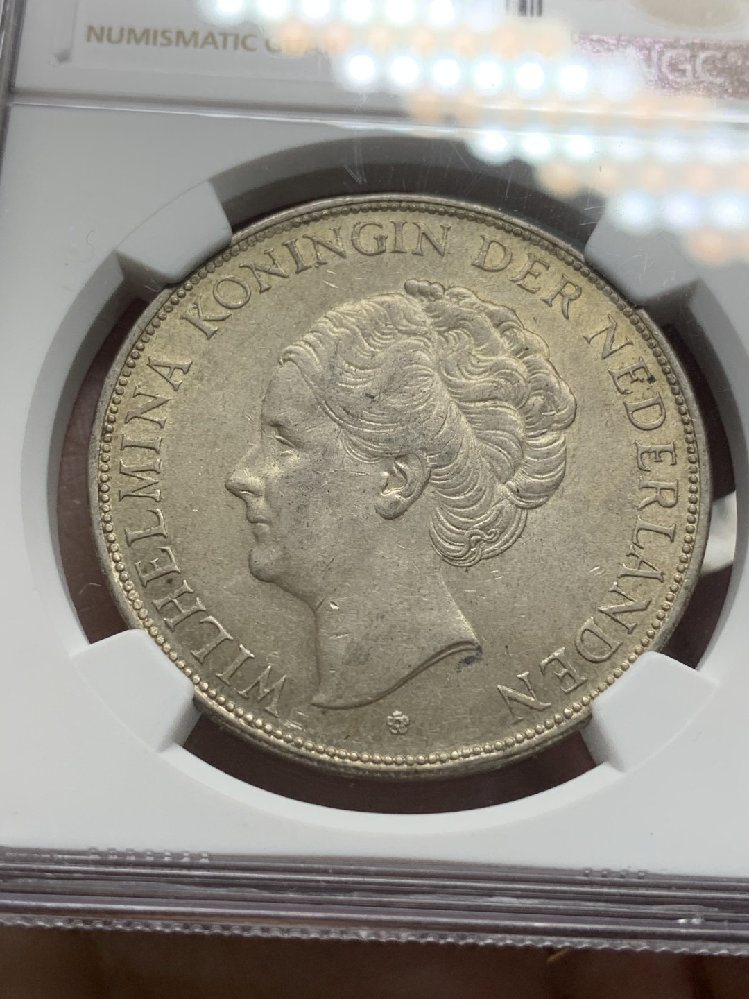 《竞宝斋》第116场-周日，周一 ，2场连拍（全场包邮） NGC-AU58 荷兰1931年 威廉米娜女王2.5盾大银币 原光好品