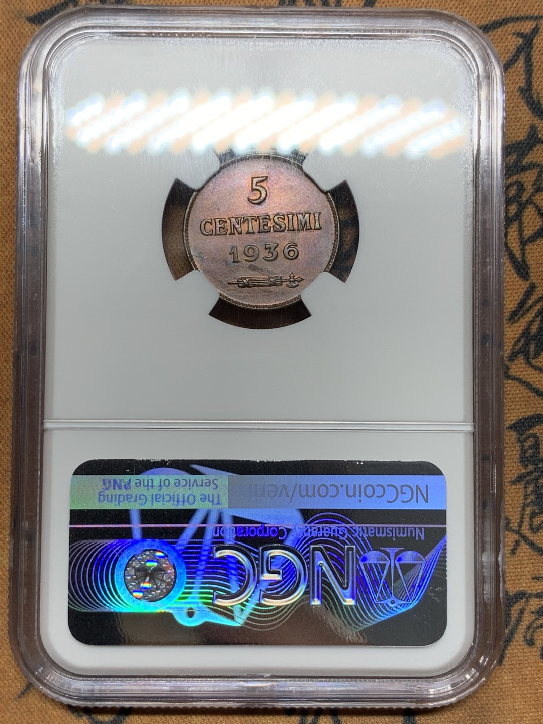 《竞宝斋》第116场-周日，周一 ，2场连拍（全场包邮） NGC-MS63BN 圣马力诺 1936年5C铜币  铜光很好