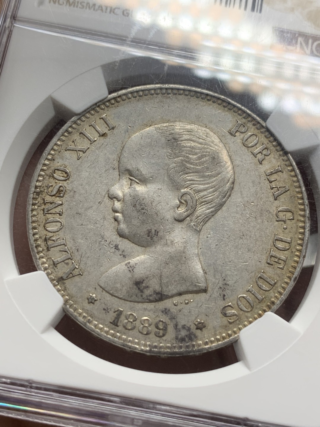 《竞宝斋》第116场-周日，周一 ，2场连拍（全场包邮） NGC-AU53 西班牙 1889（89）MPM 5比塞塔婴儿头 大银币 少见好品 脸还不错 更高分仅10余枚