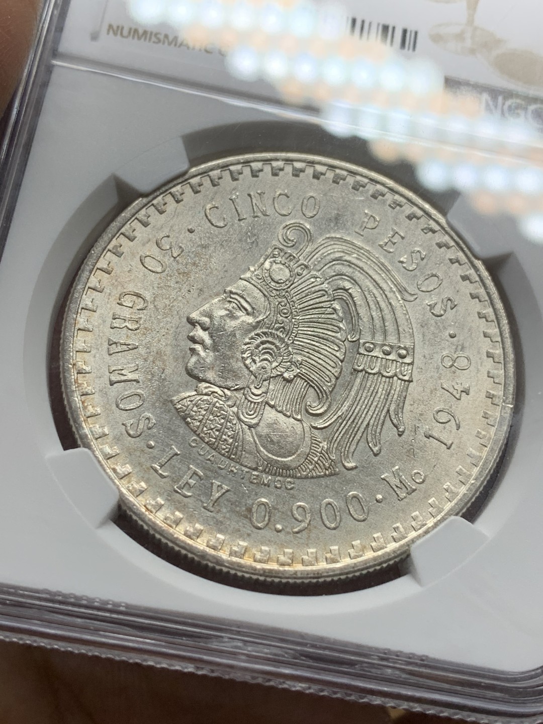 《竞宝斋》第116场-周日，周一 ，2场连拍（全场包邮） NGC-UNC 墨西哥1948年 印第安人头像5比索 30克大银币 原光好品 看不出洗