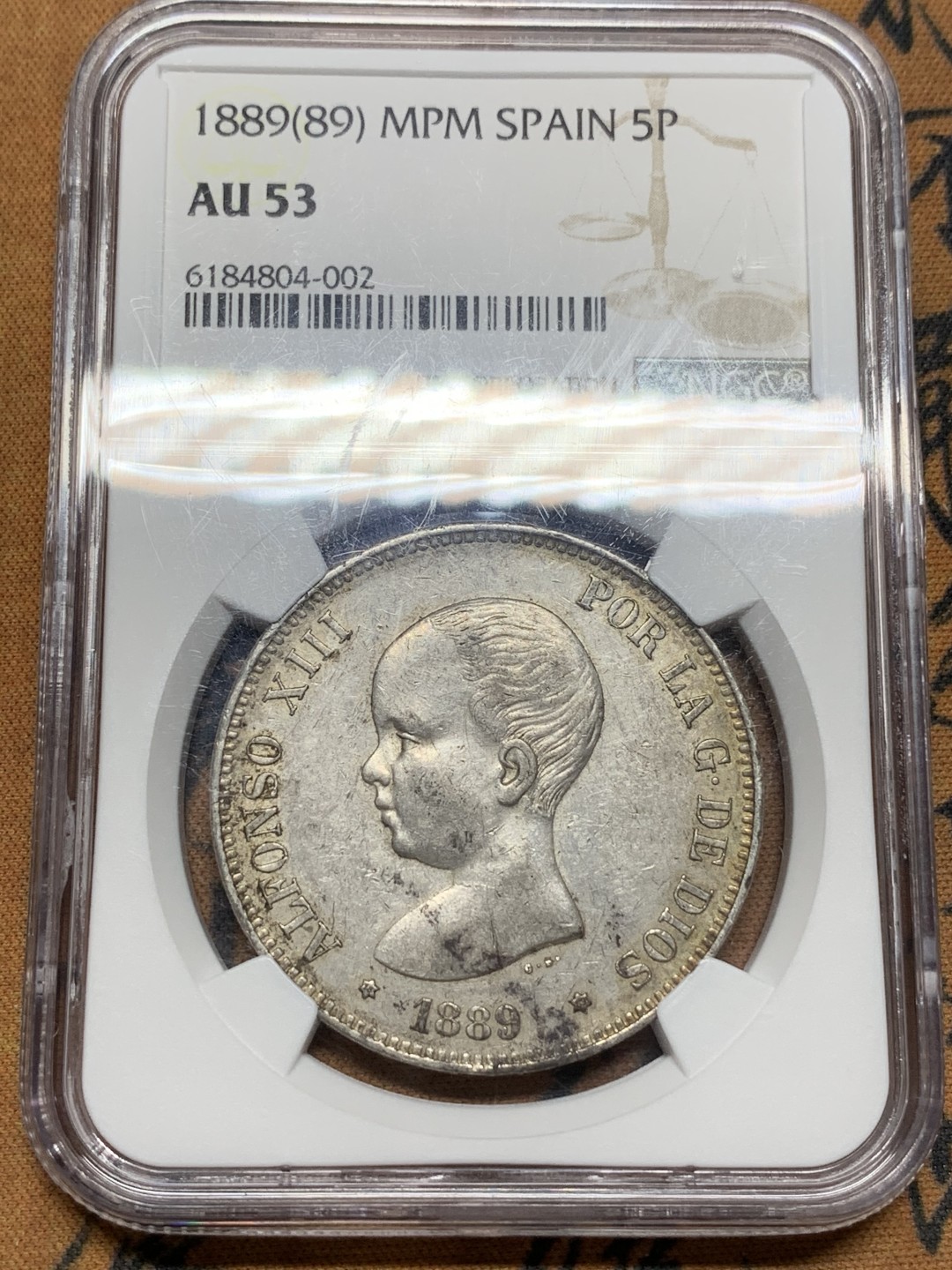 《竞宝斋》第116场-周日，周一 ，2场连拍（全场包邮） NGC-AU53 西班牙 1889（89）MPM 5比塞塔婴儿头 大银币 少见好品 脸还不错 更高分仅10余枚