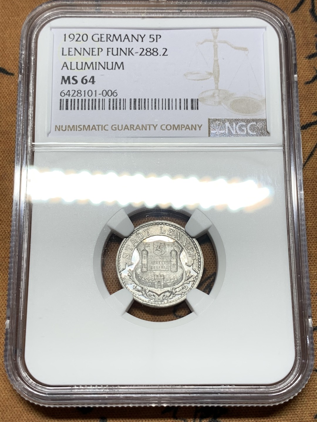 《竞宝斋》第116场-周日，周一 ，2场连拍（全场包邮） NGC MS64 1920年 德国 德紧伦内普5芬尼铝币 镜面底板 品相难得