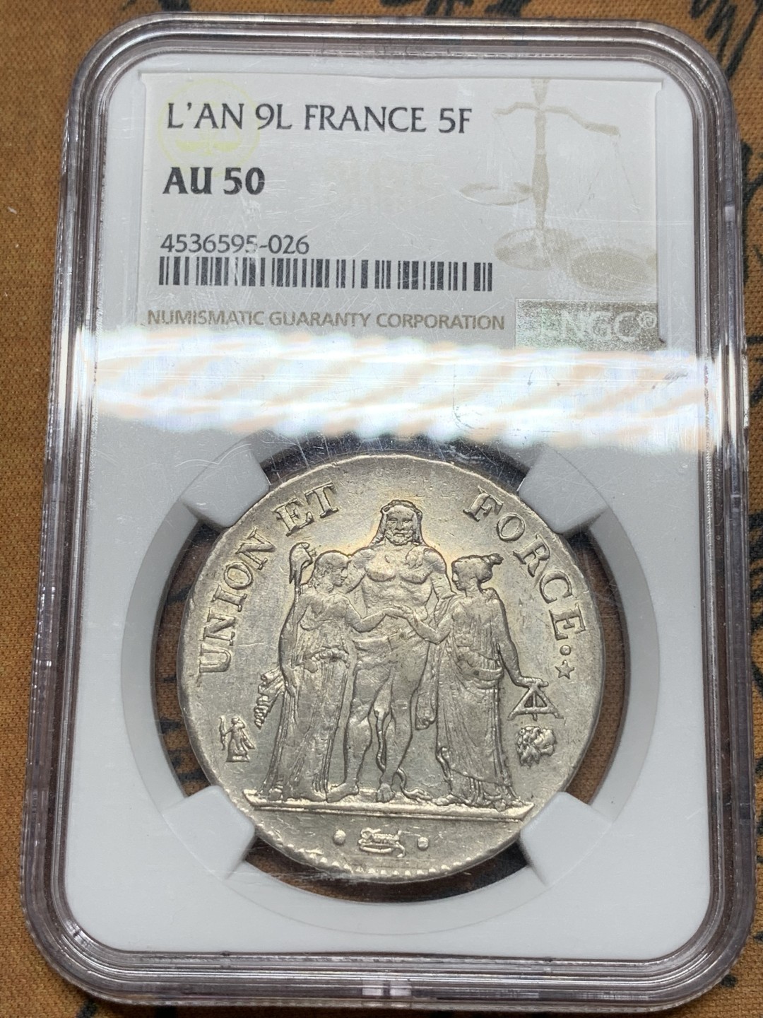 《竞宝斋》第116场-周日，周一 ，2场连拍（全场包邮） NGC AU50 法国LAN 9L法兰西第一共和国大力神5法郎银币 第三名