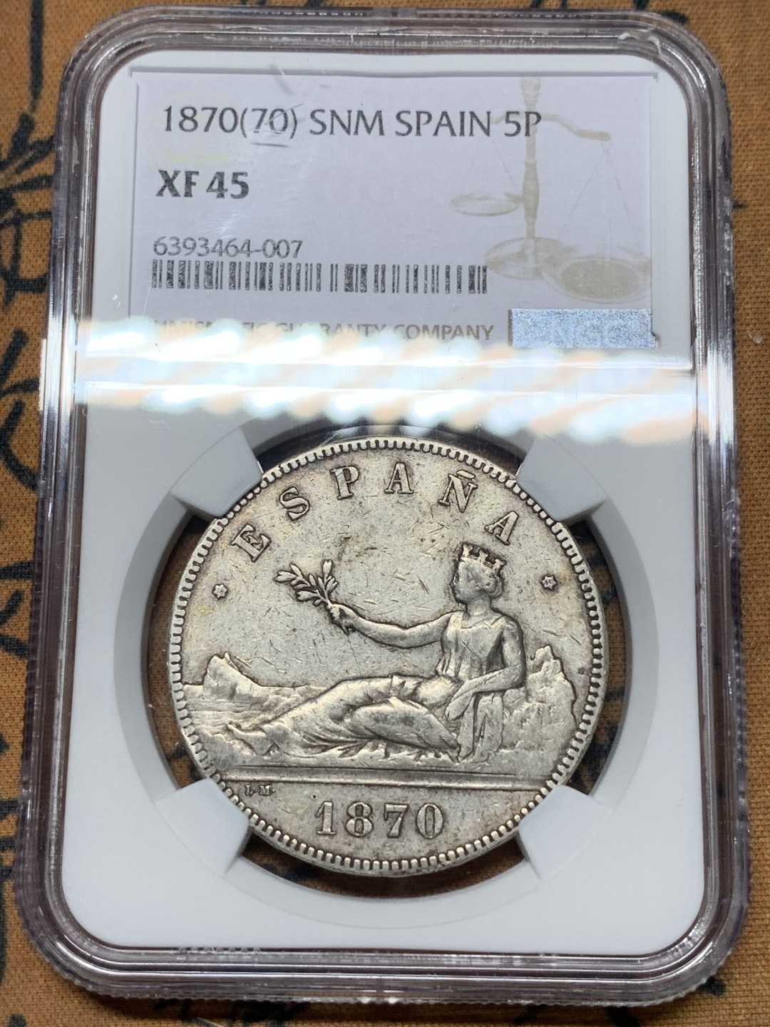 《竞宝斋》第116场-周日，周一 ，2场连拍（全场包邮） NGC-XF45 西班牙1870年 临时政府 5比塞塔拿花 双柱大银币 原味包浆