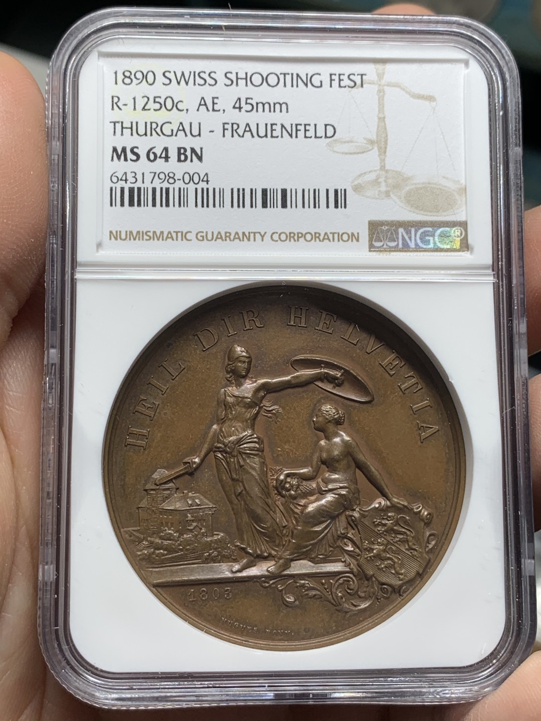 《竞宝斋》第116场-周日，周一 ，2场连拍（全场包邮） NGC MS64 1890年瑞士弗劳恩菲尔德射击节铜章，高浮雕铜章，高分品质