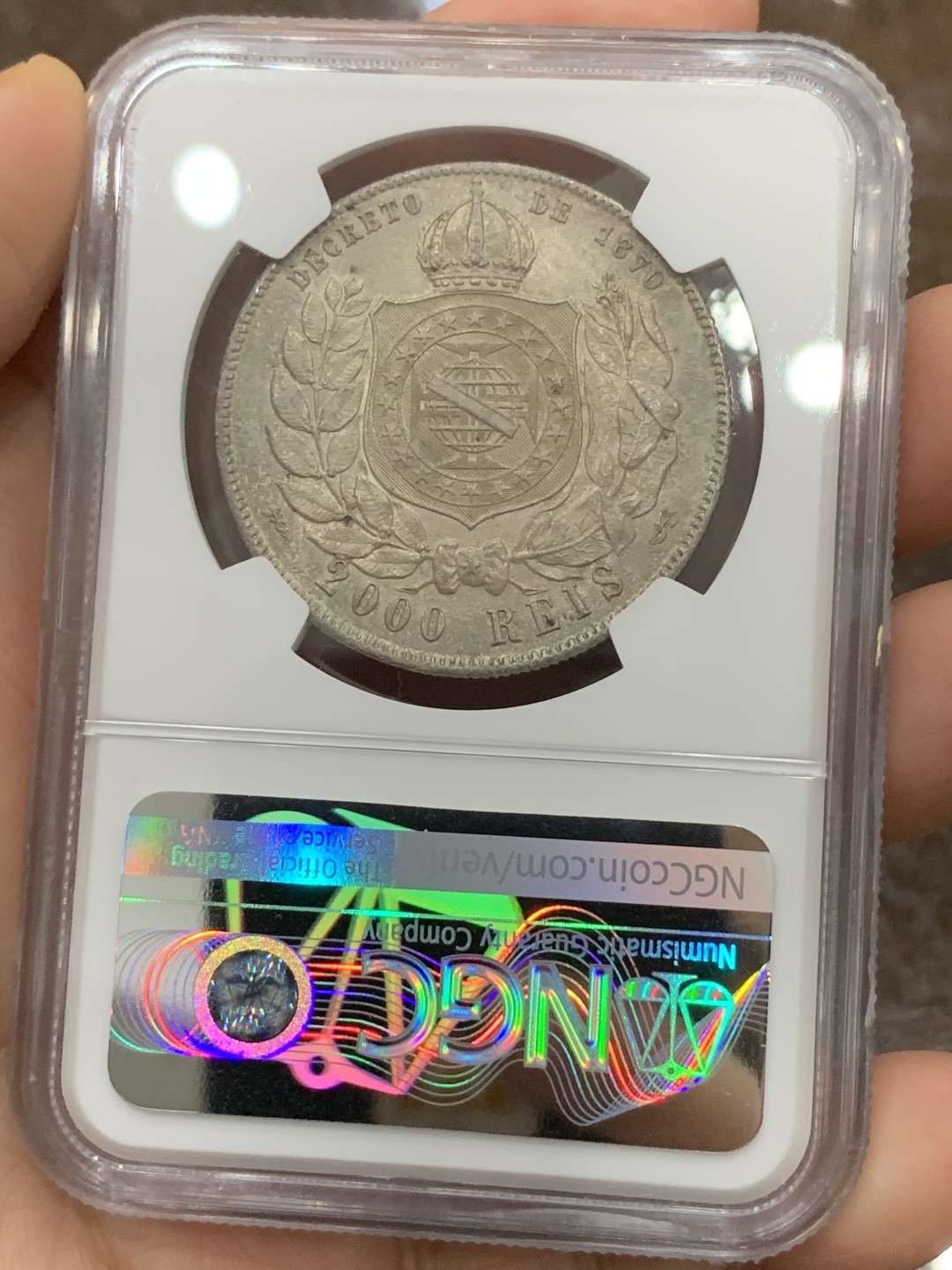 《竞宝斋》第116场-周日，周一 ，2场连拍（全场包邮） 亚军分 NGC-MS65 巴西1889年 佩德罗二世 2000R大银币 顶级好品