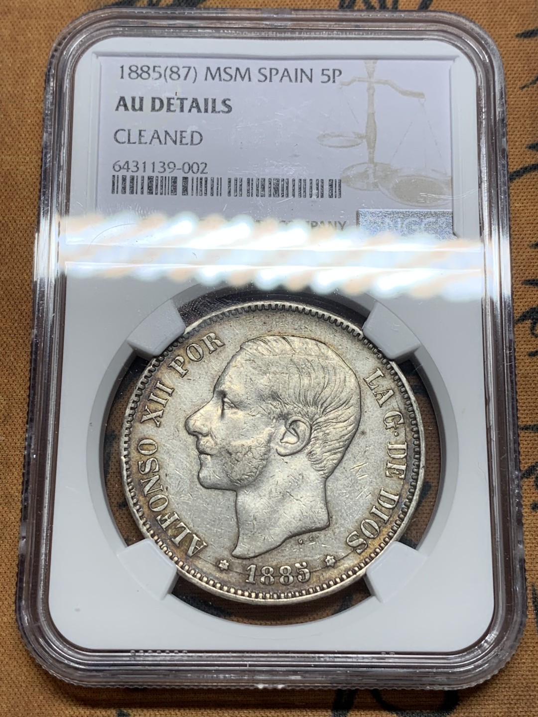 《竞宝斋》第116场-周日，周一 ，2场连拍（全场包邮） NGC-AUD 西班牙 1885(87)年 5比塞塔 银币 细节很不错