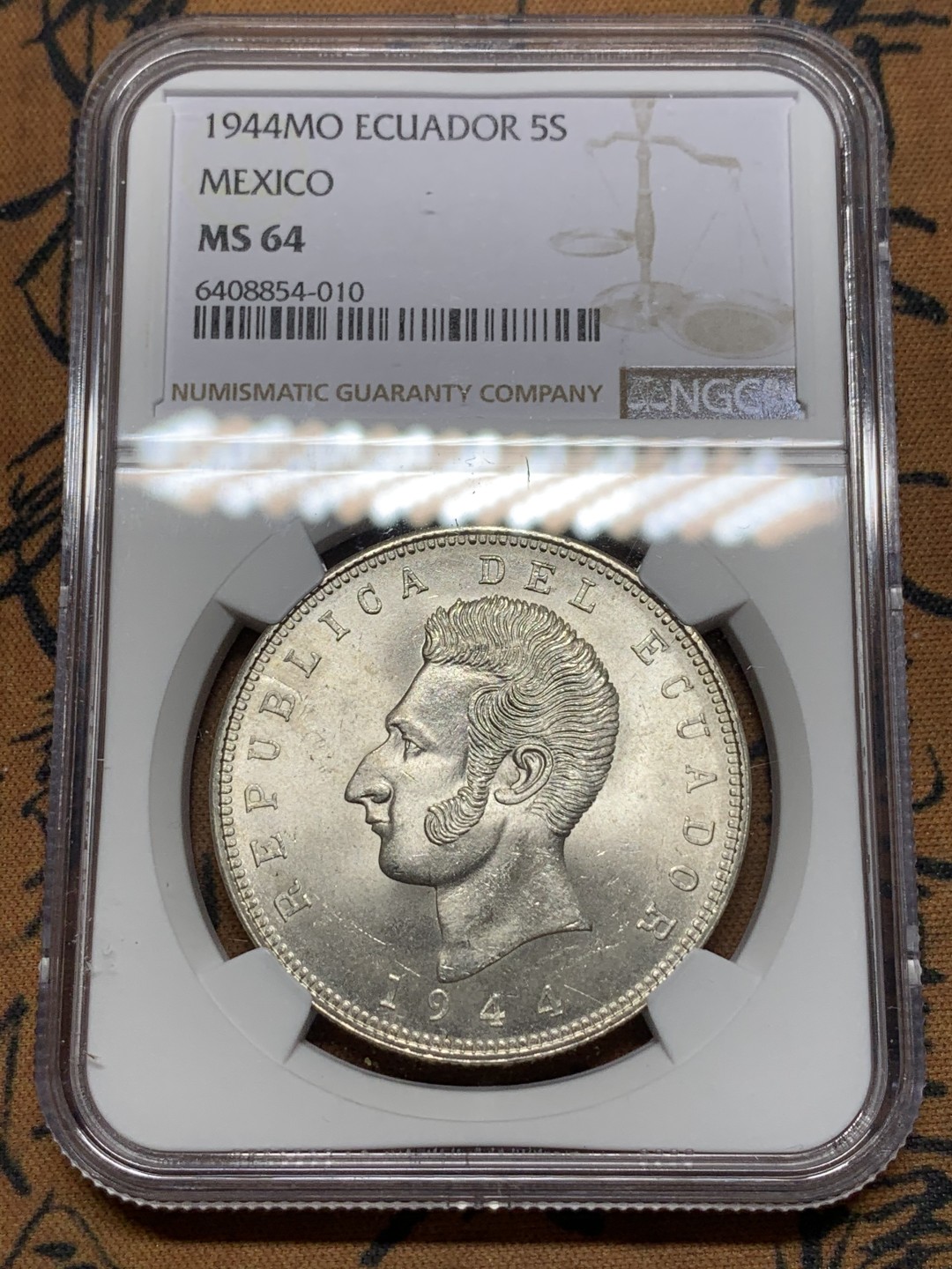 《竞宝斋》第116场-周日，周一 ，2场连拍（全场包邮） NGC MS64 厄瓜多尔1944年5苏克雷大银币