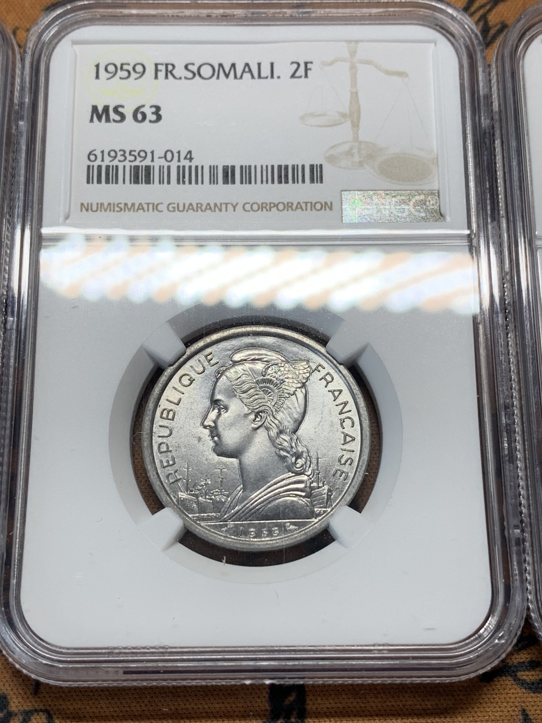 《竞宝斋》第116场-周日，周一 ，2场连拍（全场包邮） NGC-MS62/63/64 法属索马里兰 1959年1法郎、2法郎、5法郎铝币清年份一套三枚
