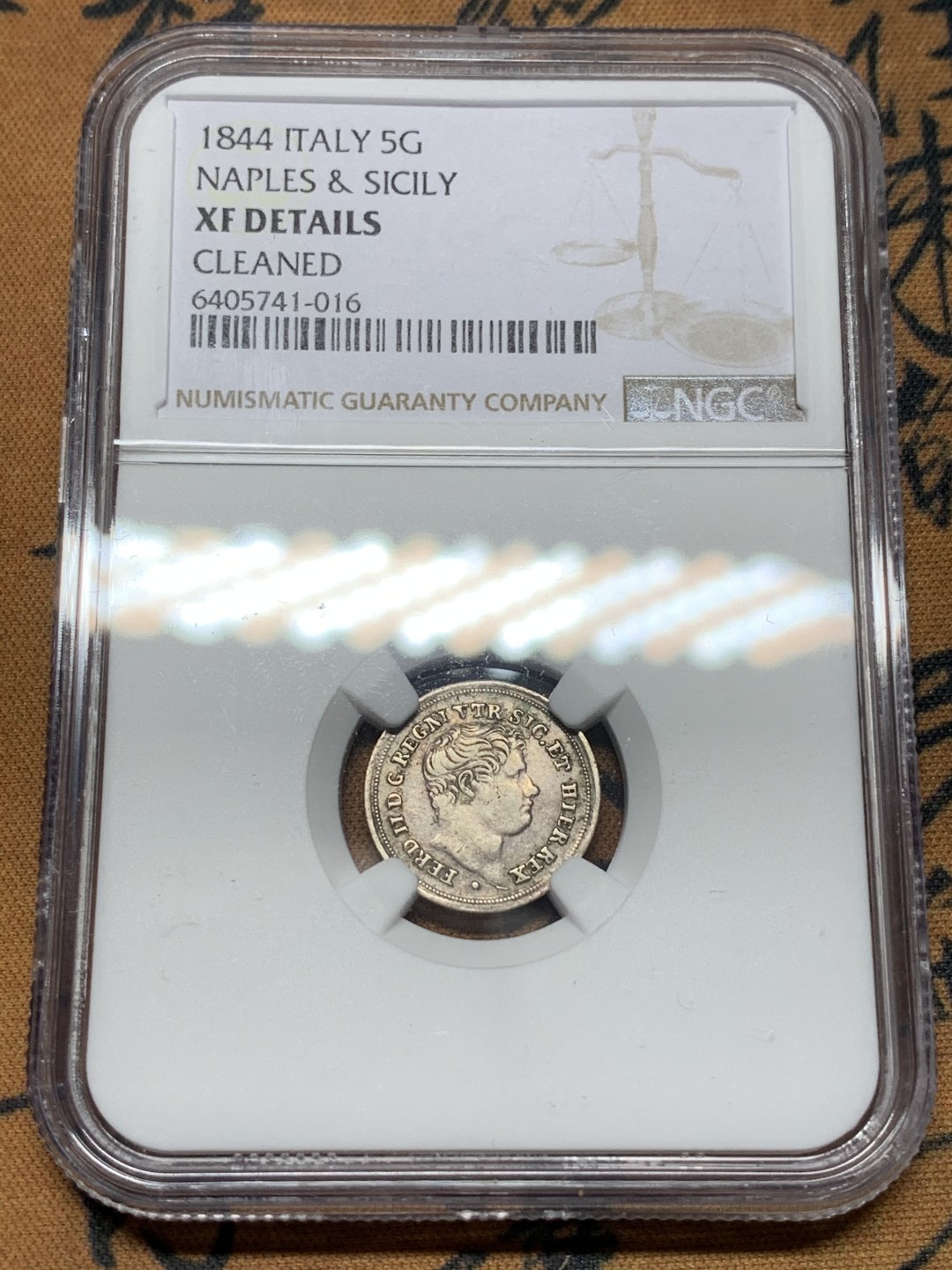 《竞宝斋》第116场-周日，周一 ，2场连拍（全场包邮） NGC XF 意大利 那不勒斯&西西里 1844年 5G 银币 少见品种