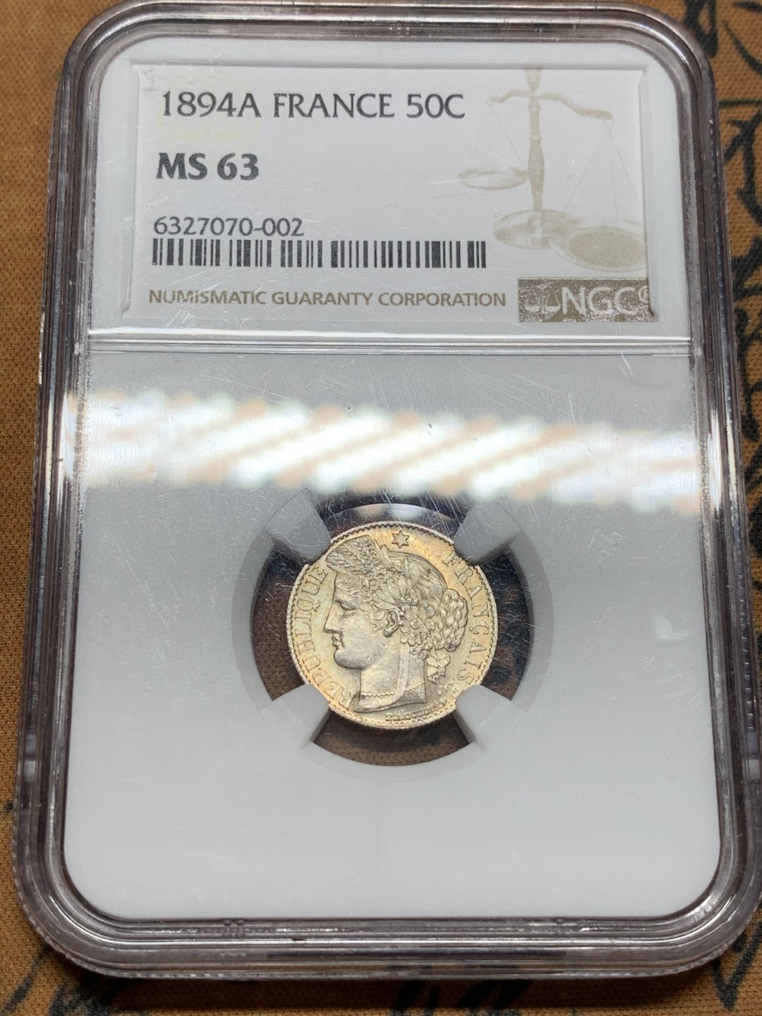 《竞宝斋》第116场-周日，周一 ，2场连拍（全场包邮） NGC-MS63 法国 1894 谷物女神 50分 银币 黄油光小银币 很漂亮