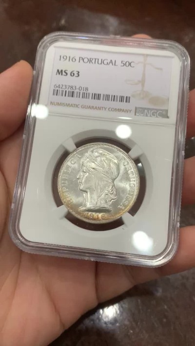 《竞宝斋》第116场-周日，周一 ，2场连拍（全场包邮） NGC-MS63 葡萄牙1916年 自由女神半圆银币 顶级车轮转光