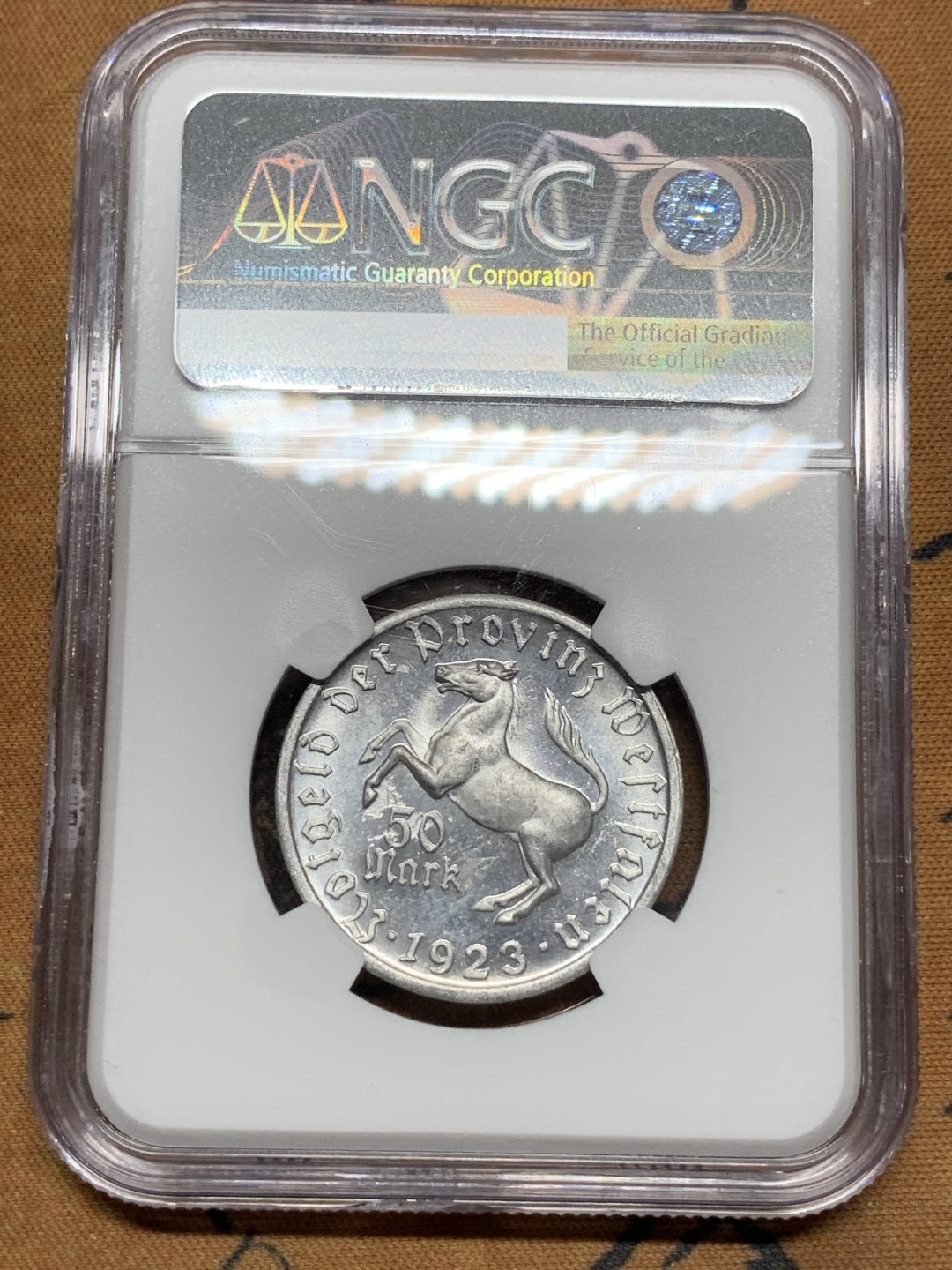 《竞宝斋》第116场-周日，周一 ，2场连拍（全场包邮） NGC MS64 德国 德紧 威斯特法伦1923年50马克女像铝币 底板镜面感强烈 打制深峻 转光一流 集套必备