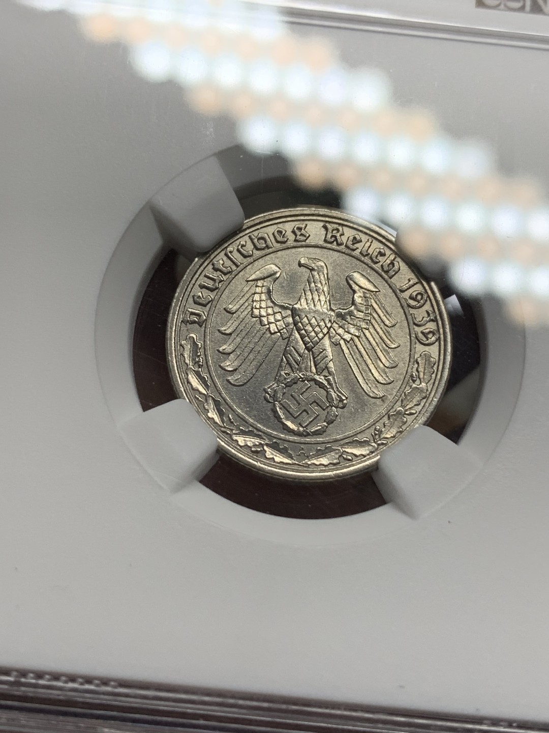 《竞宝斋》第116场-周日，周一 ，2场连拍（全场包邮） NGC-MS62 德国 第三帝国1939年50芬尼镍币 坦克币 回炉铸造武器 第三帝国小名誉品