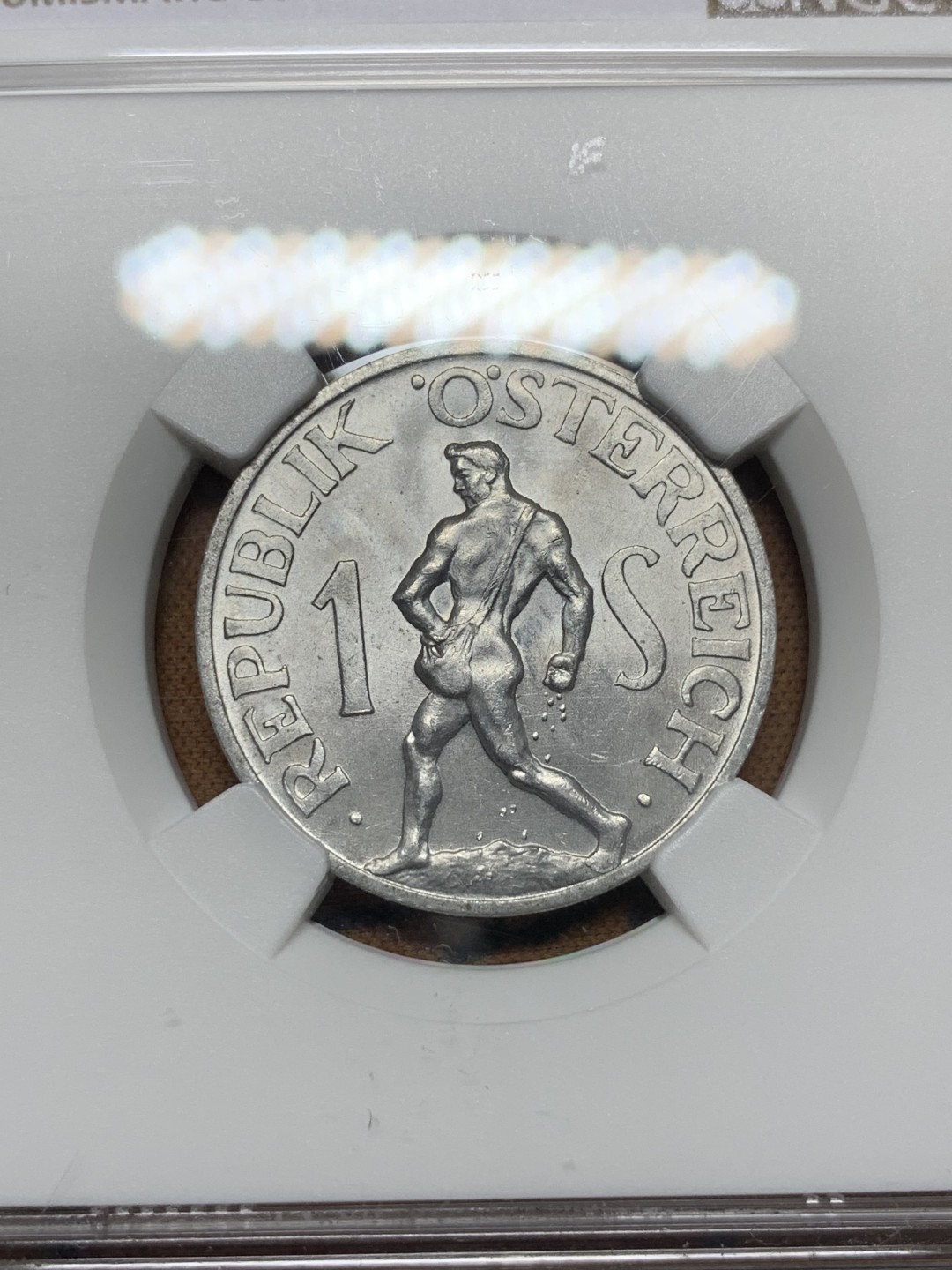 《竞宝斋》第116场-周日，周一 ，2场连拍（全场包邮） NGC-MS64冠军分 奥地利 1957年 裸男 播种 1先令铝币