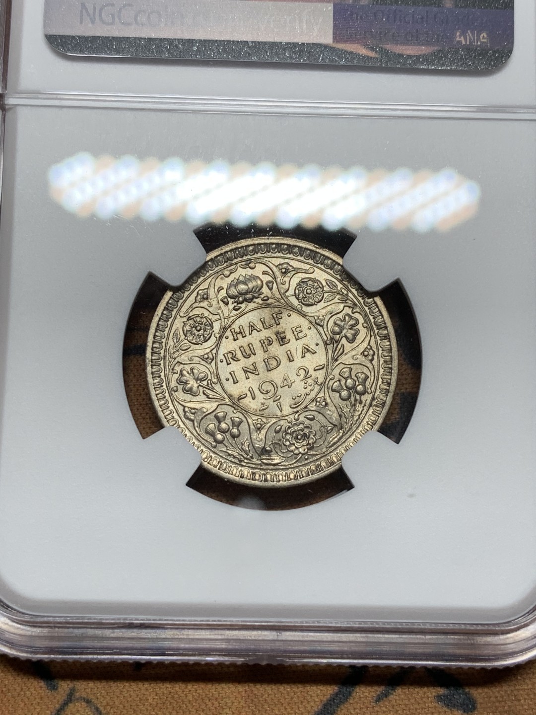 《竞宝斋》第116场-周日，周一 ，2场连拍（全场包邮） NGC MS63 英属印度1942年 乔治六世 半卢比银币 原光好品 小卢比好品不常见