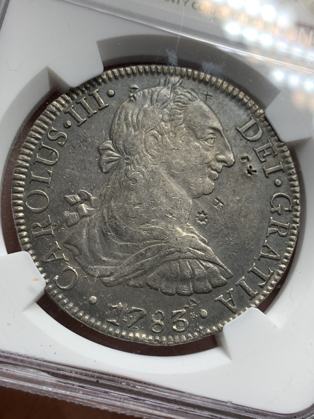 《竞宝斋》第116场-周日，周一 ，2场连拍（全场包邮） NGC AU 评级 墨西哥 1783年 卡三 8R 双柱 大银币 打制细节都不错，有小戳