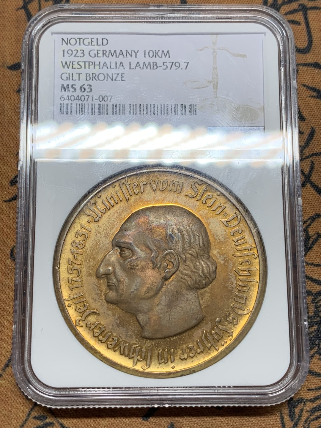 《竞宝斋》第116场-周日，周一 ，2场连拍（全场包邮） NGC MS63 1923年德国德紧时期威斯特法伦10000马克镀金大马币