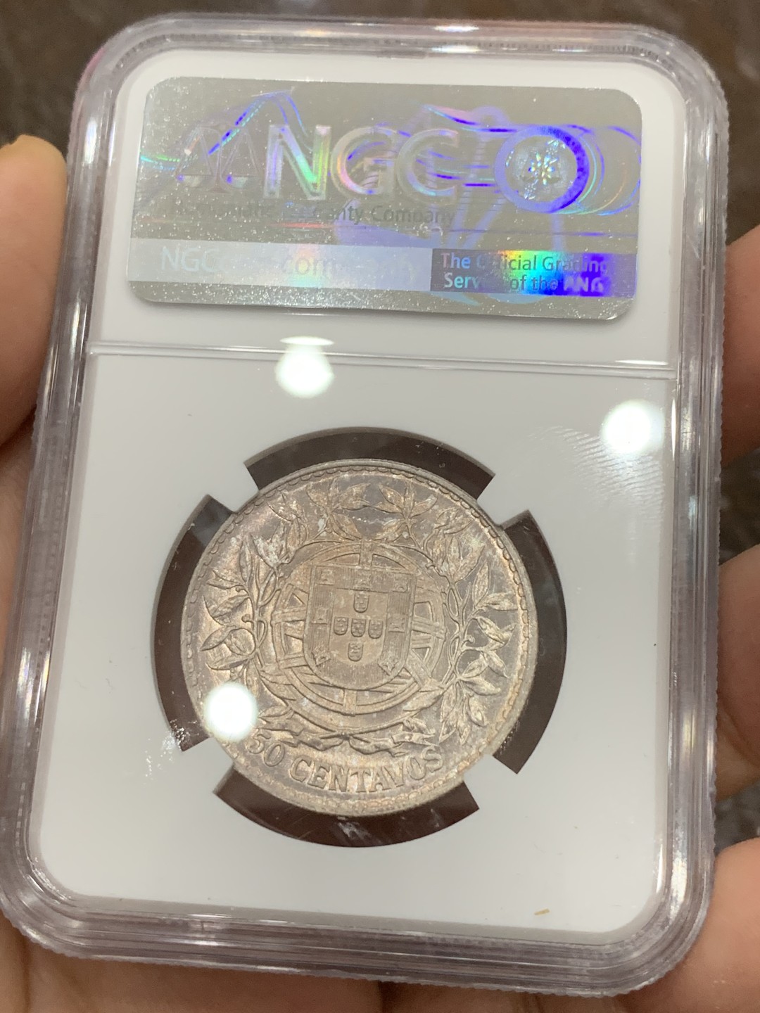 《竞宝斋》第116场-周日，周一 ，2场连拍（全场包邮） NGC-MS63 葡萄牙1916年 自由女神半圆银币 顶级车轮转光