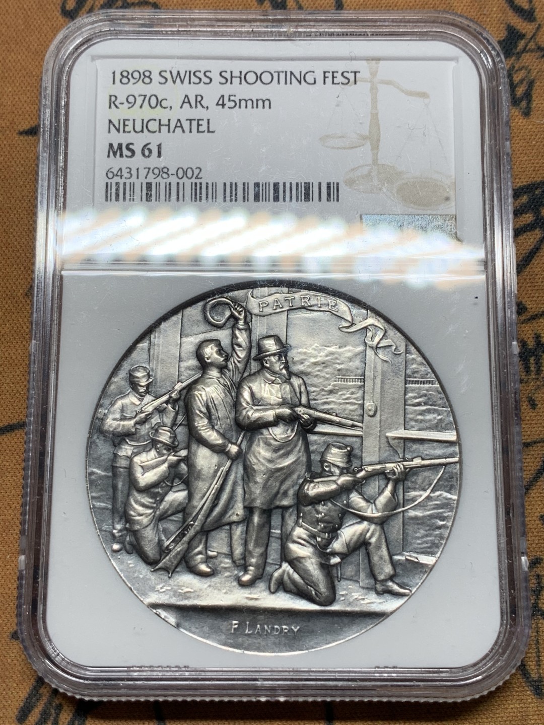 《竞宝斋》第116场-周日，周一 ，2场连拍（全场包邮） NGC MS61 1898年瑞士纳沙泰尔射击节银章，人物栩栩如生，热门品种