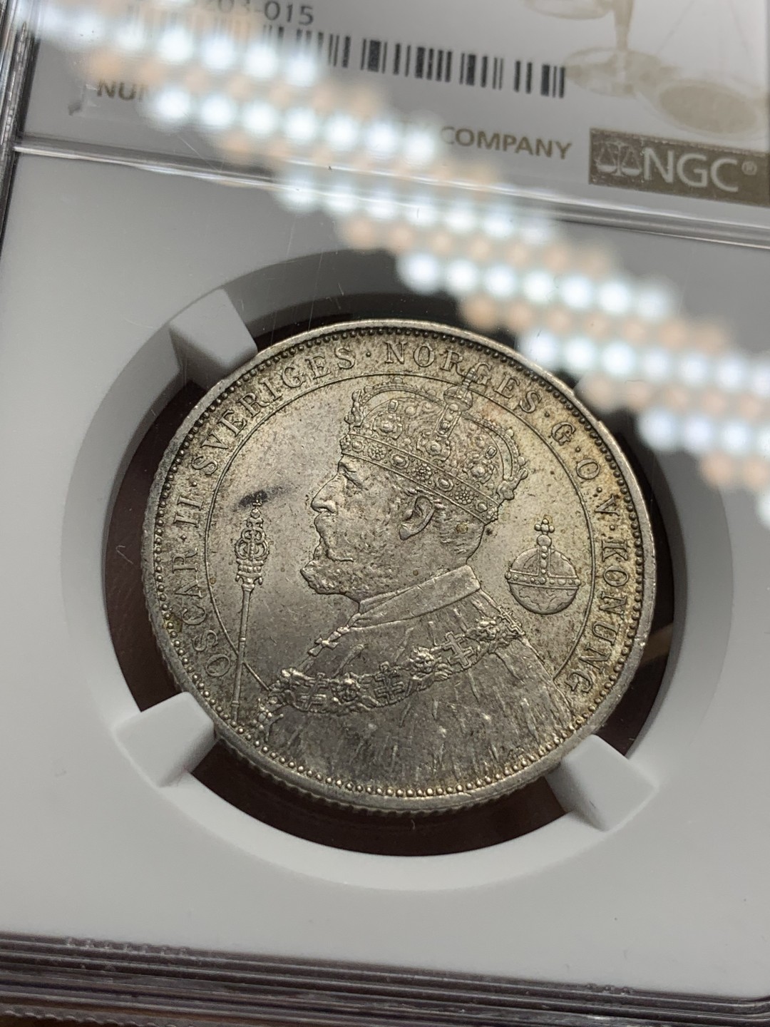 《竞宝斋》第116场-周日，周一 ，2场连拍（全场包邮） NGC-MS63 瑞典1897年 加冕纪念2克朗大银币 原光带点彩 非常漂亮