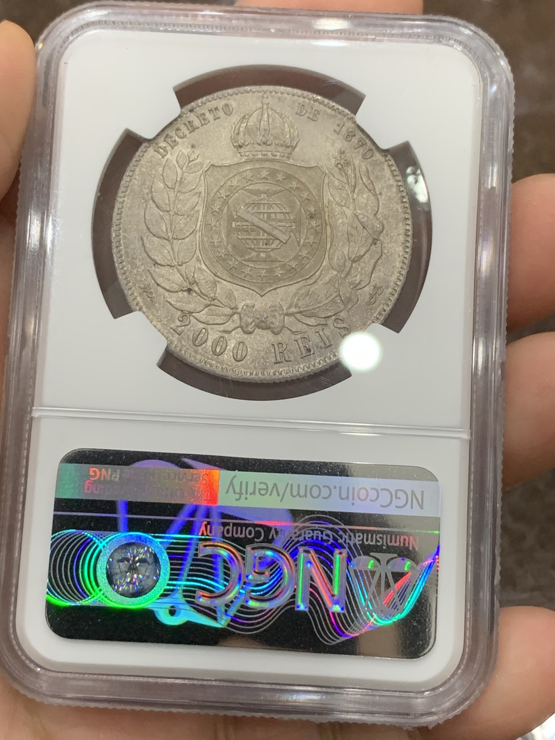 《竞宝斋》第116场-周日，周一 ，2场连拍（全场包邮） 亚军分 NGC-MS65 巴西1889年 佩德罗二世 2000R大银币 顶级好品