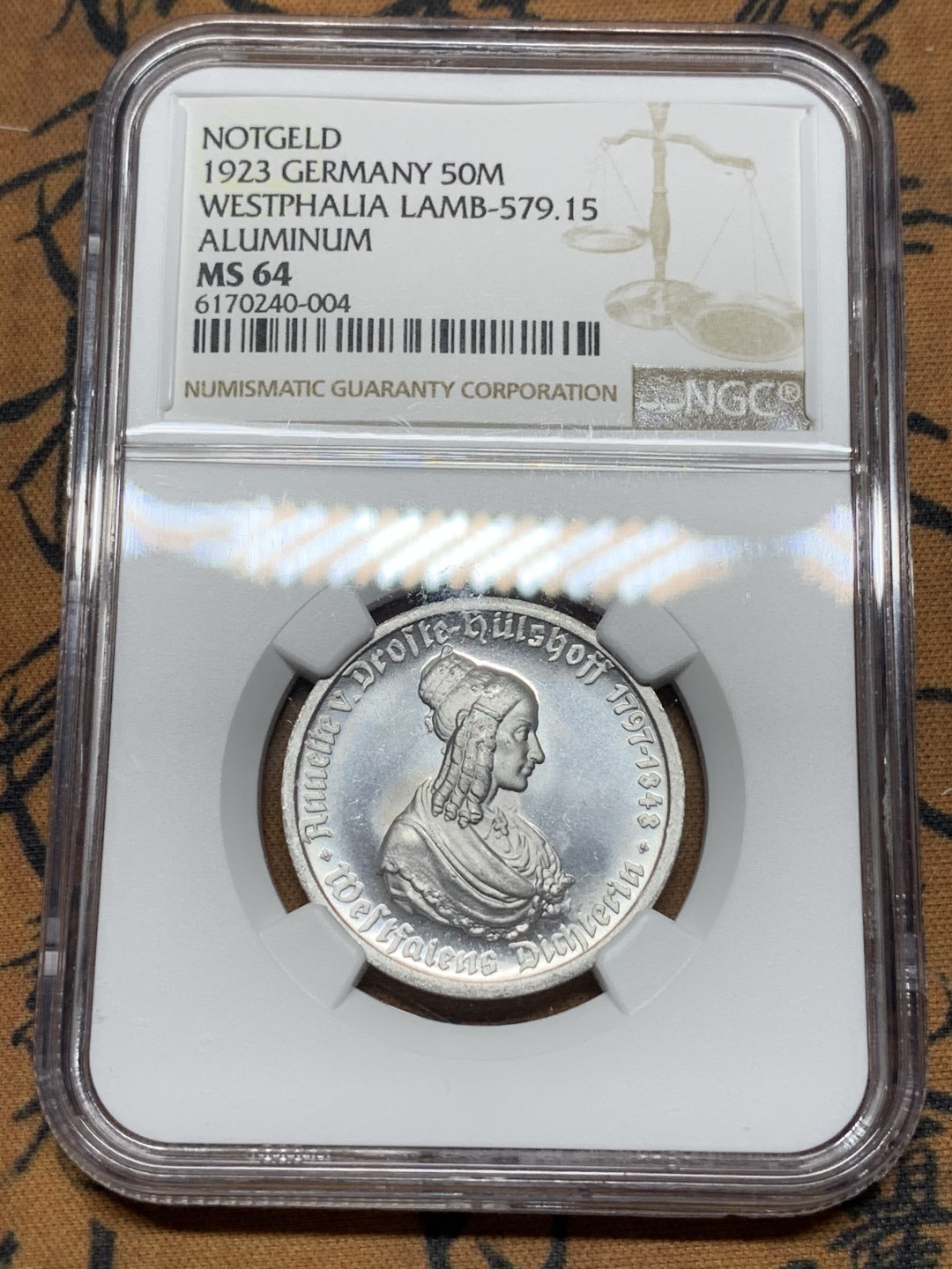 《竞宝斋》第116场-周日，周一 ，2场连拍（全场包邮） NGC MS64 德国 德紧 威斯特法伦1923年50马克女像铝币 底板镜面感强烈 打制深峻 转光一流 集套必备