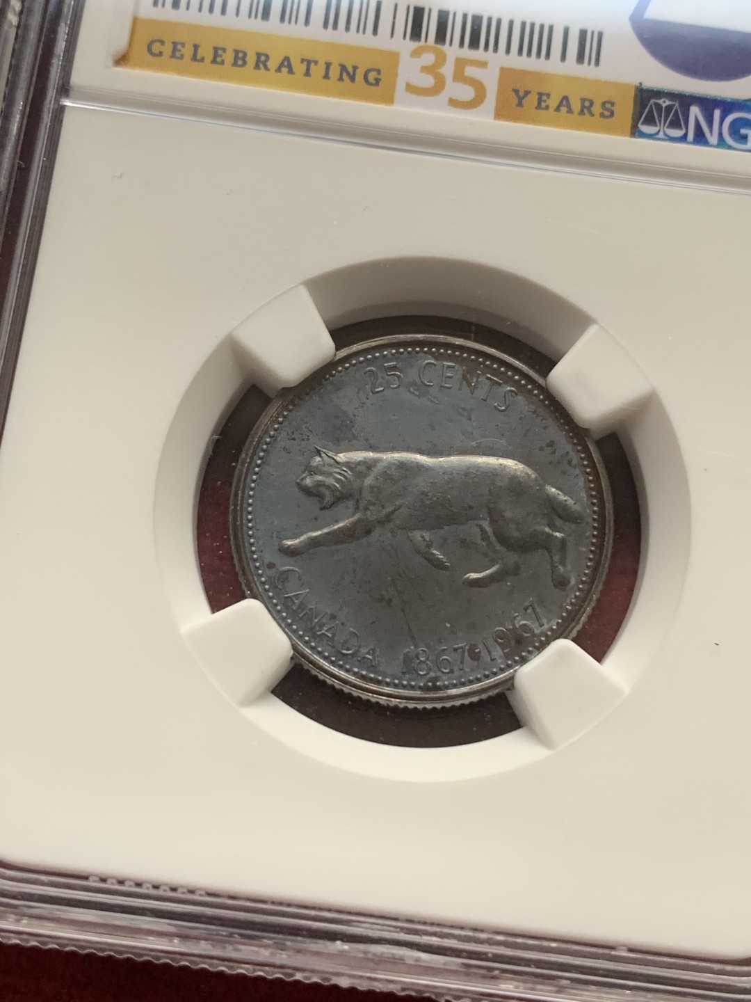 《竞宝斋》第116场-周日，周一 ，2场连拍（全场包邮） 5枚一组 NGC-MS63 2枚 加拿大 1967年伊丽莎白二世联邦成立百年纪念币NGC35周年标50分、25分银币+10分银币、5分镍币、1分铜币三枚同盒裸币，绒布盒深五彩包浆分黑美人