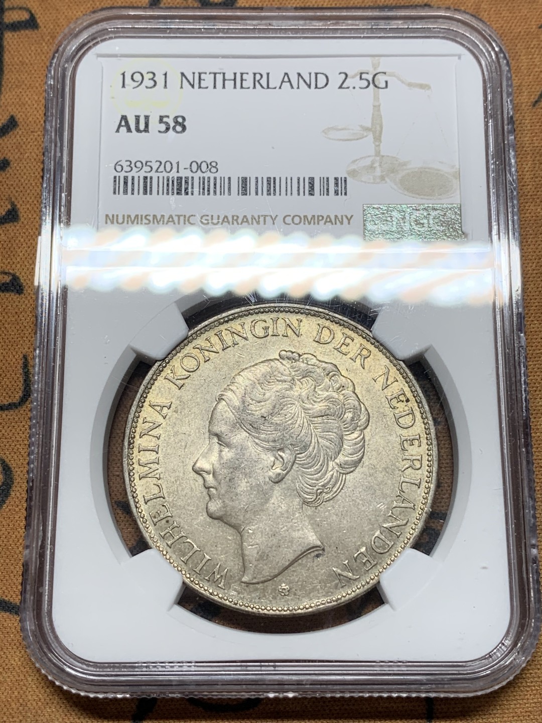 《竞宝斋》第116场-周日，周一 ，2场连拍（全场包邮） NGC-AU58 荷兰1931年 威廉米娜女王2.5盾大银币 原光好品