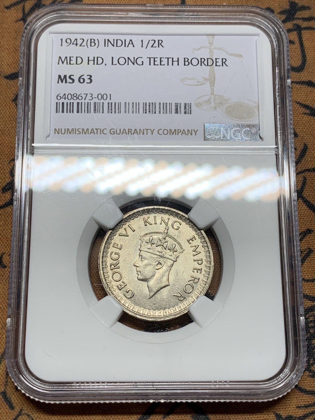 《竞宝斋》第116场-周日，周一 ，2场连拍（全场包邮） NGC MS63 英属印度1942年 乔治六世 半卢比银币 原光好品 小卢比好品不常见