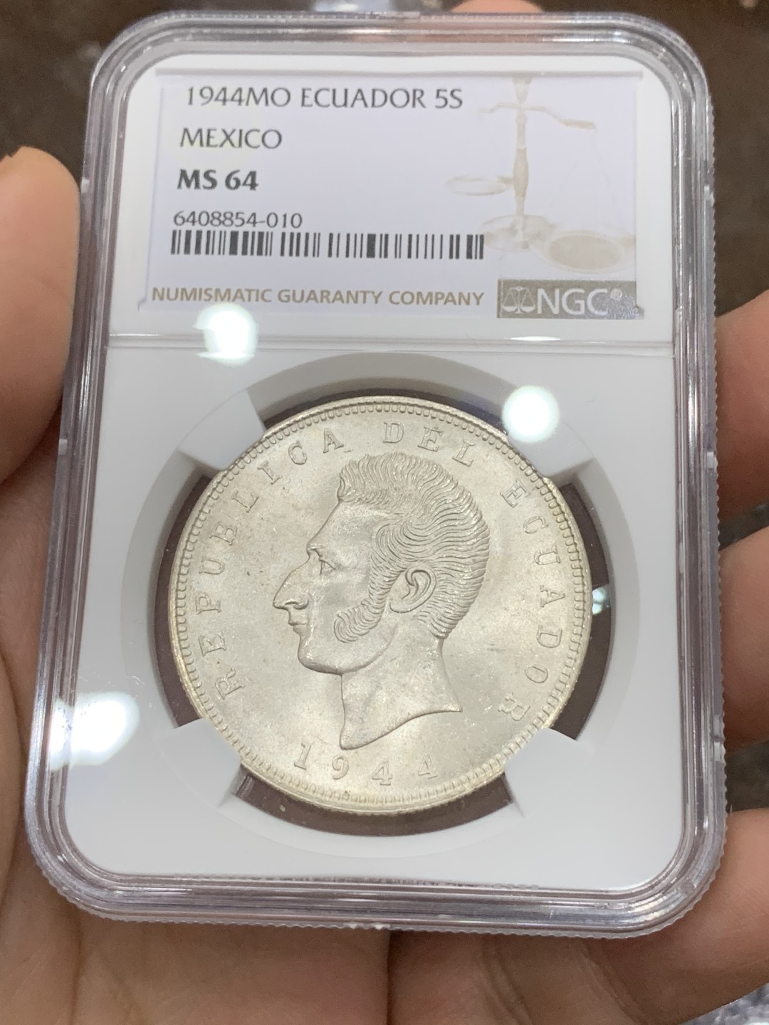 《竞宝斋》第116场-周日，周一 ，2场连拍（全场包邮） NGC MS64 厄瓜多尔1944年5苏克雷大银币