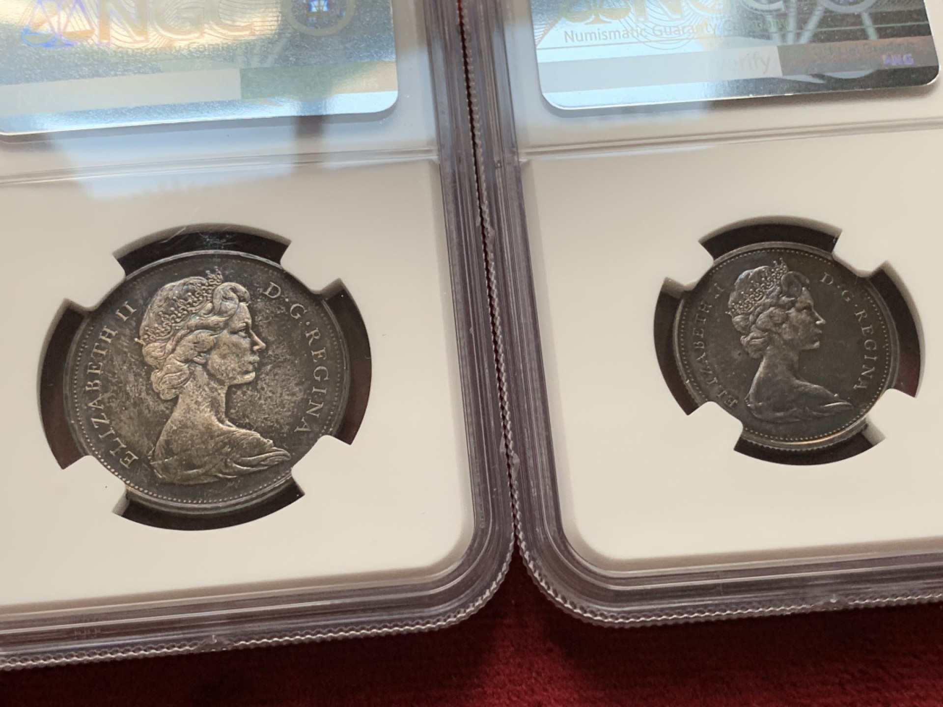 《竞宝斋》第116场-周日，周一 ，2场连拍（全场包邮） 5枚一组 NGC-MS63 2枚 加拿大 1967年伊丽莎白二世联邦成立百年纪念币NGC35周年标50分、25分银币+10分银币、5分镍币、1分铜币三枚同盒裸币，绒布盒深五彩包浆分黑美人