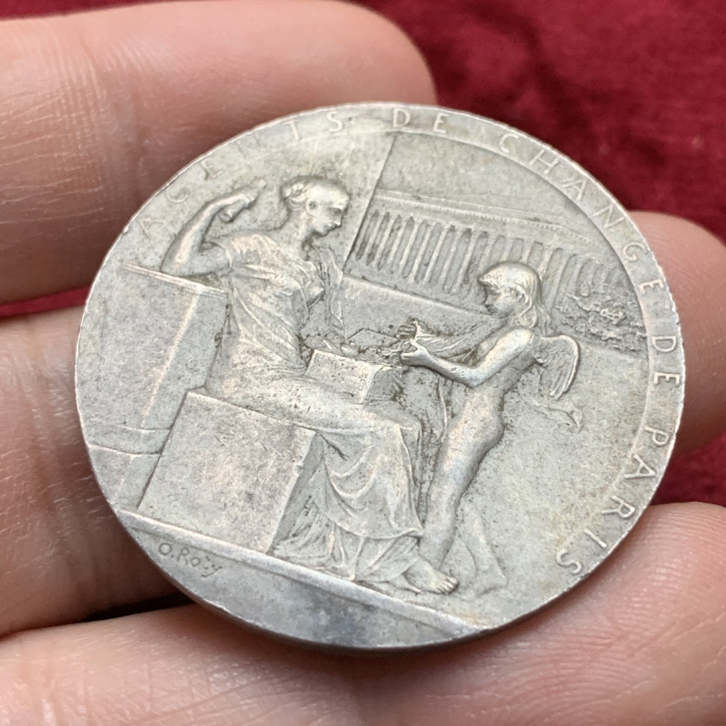 《竞宝斋》第116场-周日，周一 ，2场连拍（全场包邮） 罗蒂作品 法国 1898年 巴黎证券交易所 银章 欧洲原味深灰包浆 21.9克 37mm直径 丰饶角边铭 银标