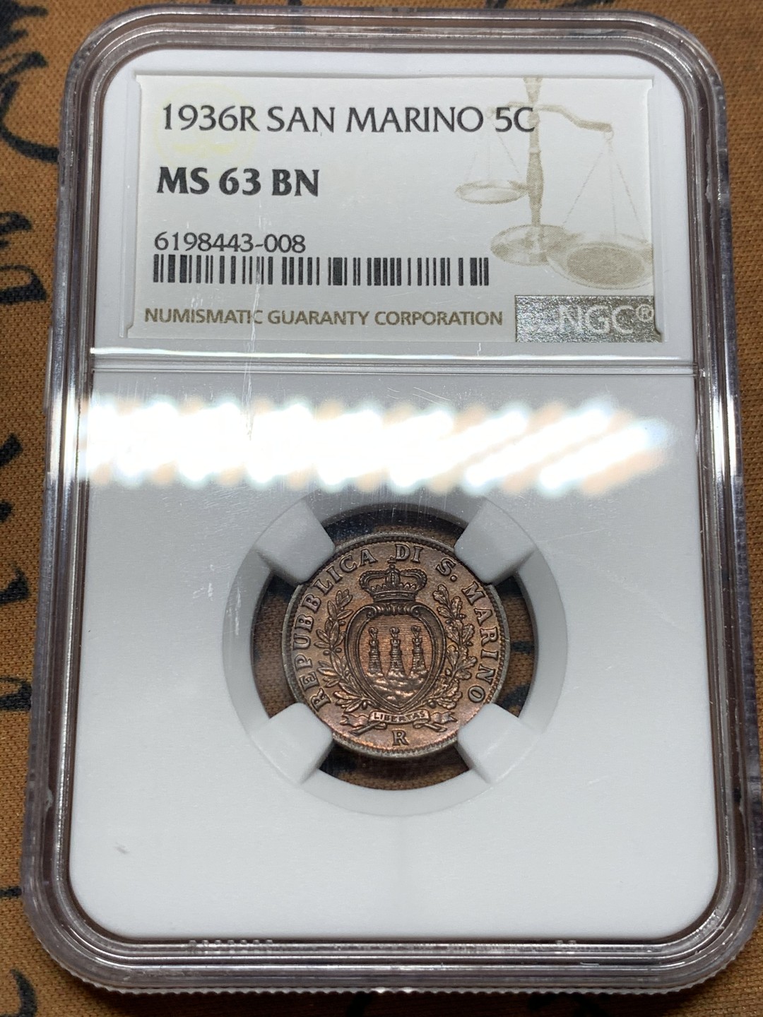 《竞宝斋》第116场-周日，周一 ，2场连拍（全场包邮） NGC-MS63BN 圣马力诺 1936年5C铜币  铜光很好