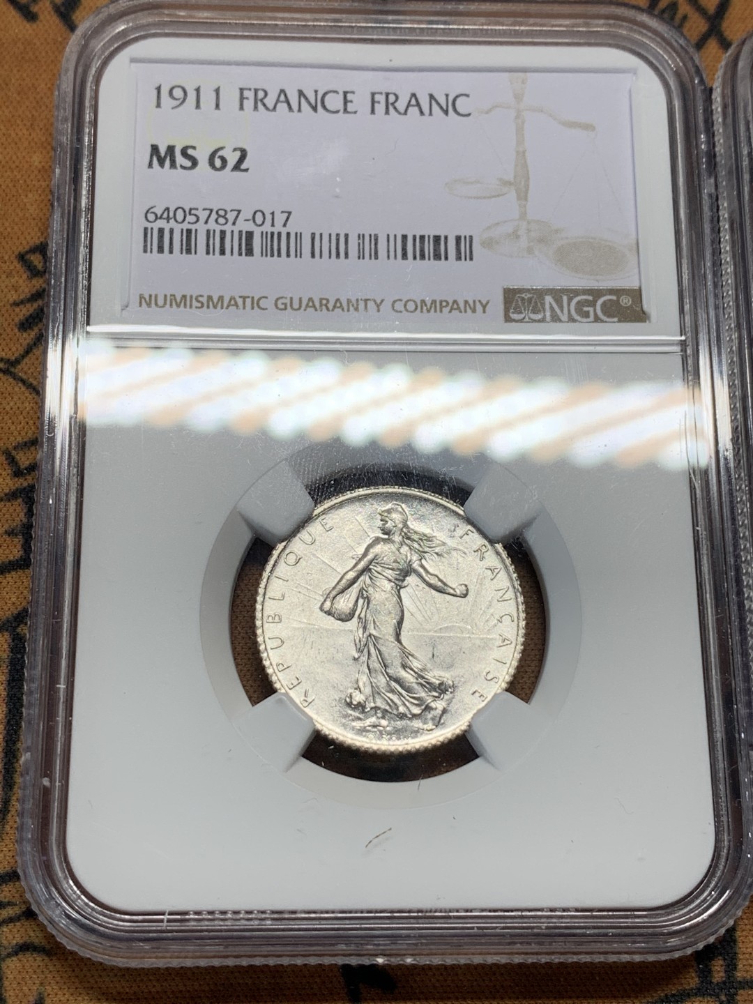 《竞宝斋》第116场-周日，周一 ，2场连拍（全场包邮） NGC MS62 法国1914年50分银币、1911年1法郎银币一对